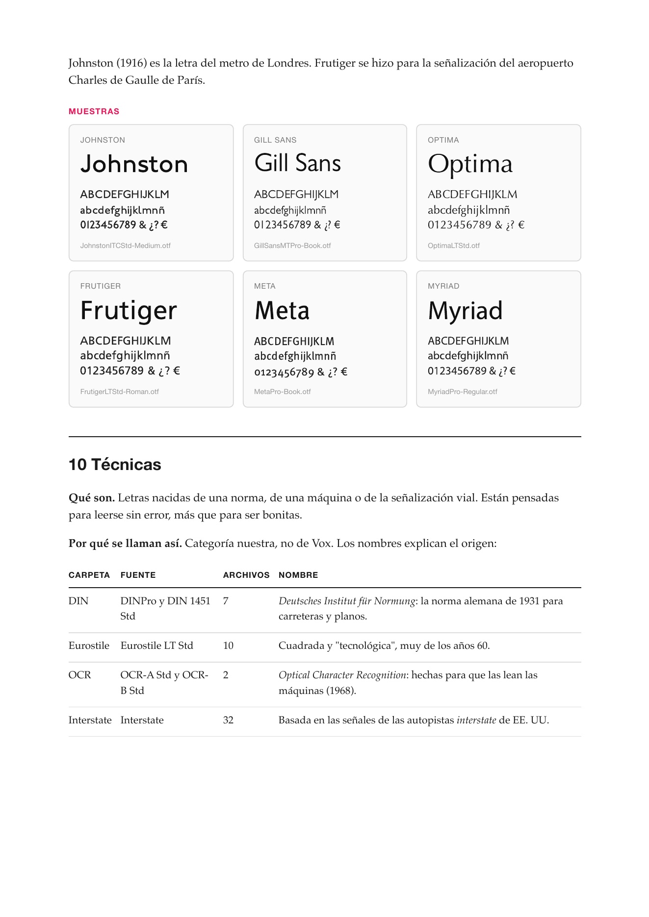 Muestras de sans humanistas: Johnston, Gill Sans, Optima, Frutiger, Meta y Myriad